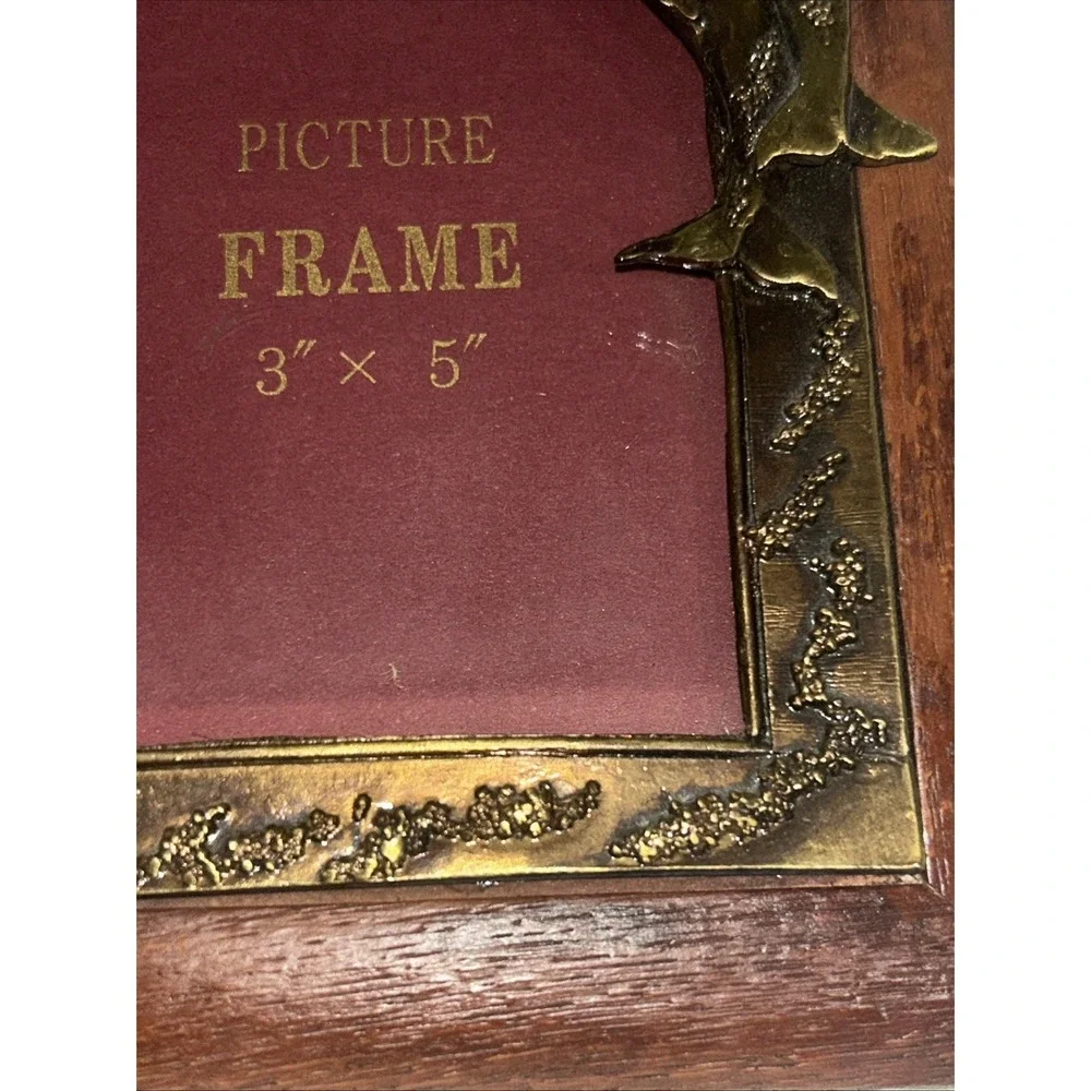 Vintage Dolphin‎ Picture Frame 3x5 Wood Brass Tone Coastal Nautical Korea